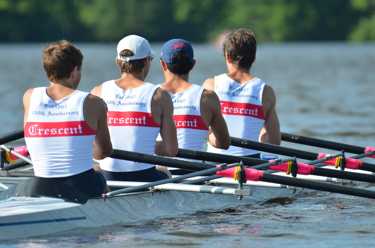 A Crescent Boat Club lightweight men's quad scull crew on the water